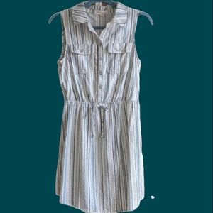 Sleeveless Linen Dress Cool Tone Stripes with Pockets Drawstring Waist Medium